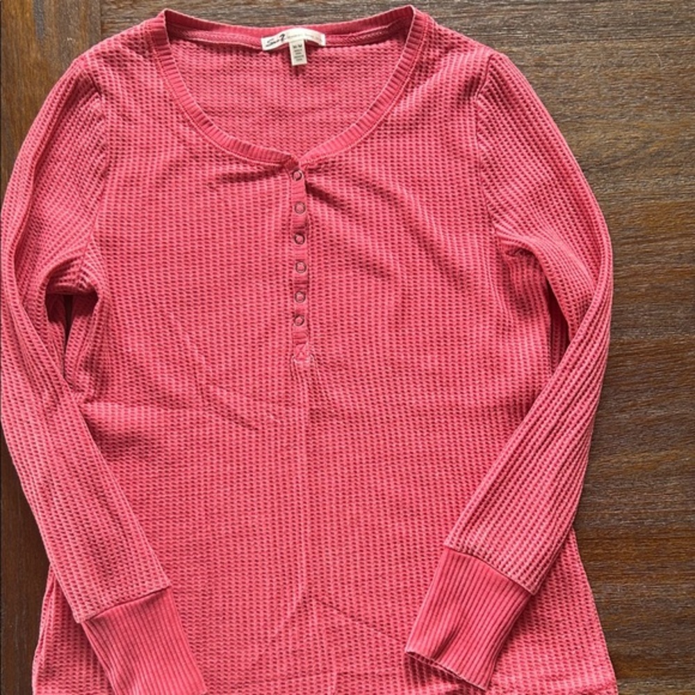 Seven Pink Waffle Knit Long Sleeve Henley Top